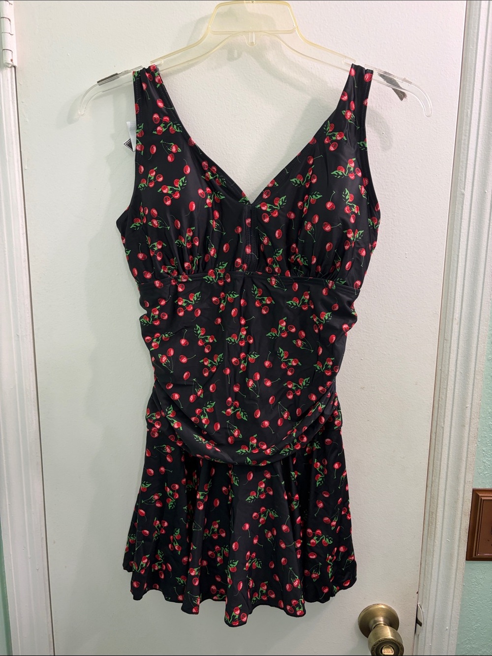 NWT Women’s Black Cherry-Print One-Piece Swimdress
